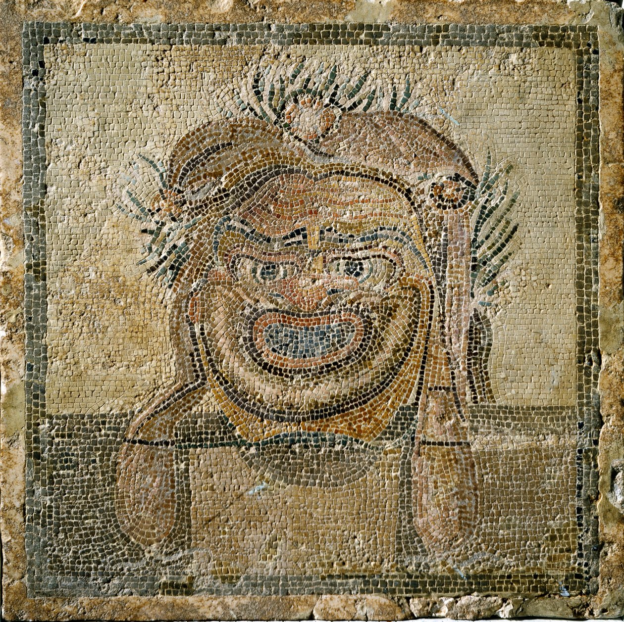 Art romain : masque de théâtre romain. Mosaïque d