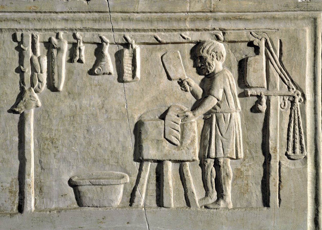 Un boucher dans son échoppe. Bas-relief, civilisation romaine, 2e siècle ap. J.-C., Rome, Museo della Civilta Romana - Roman