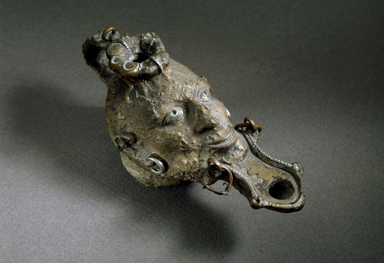 Art romain : lampe à huile en bronze en forme de visage - Roman