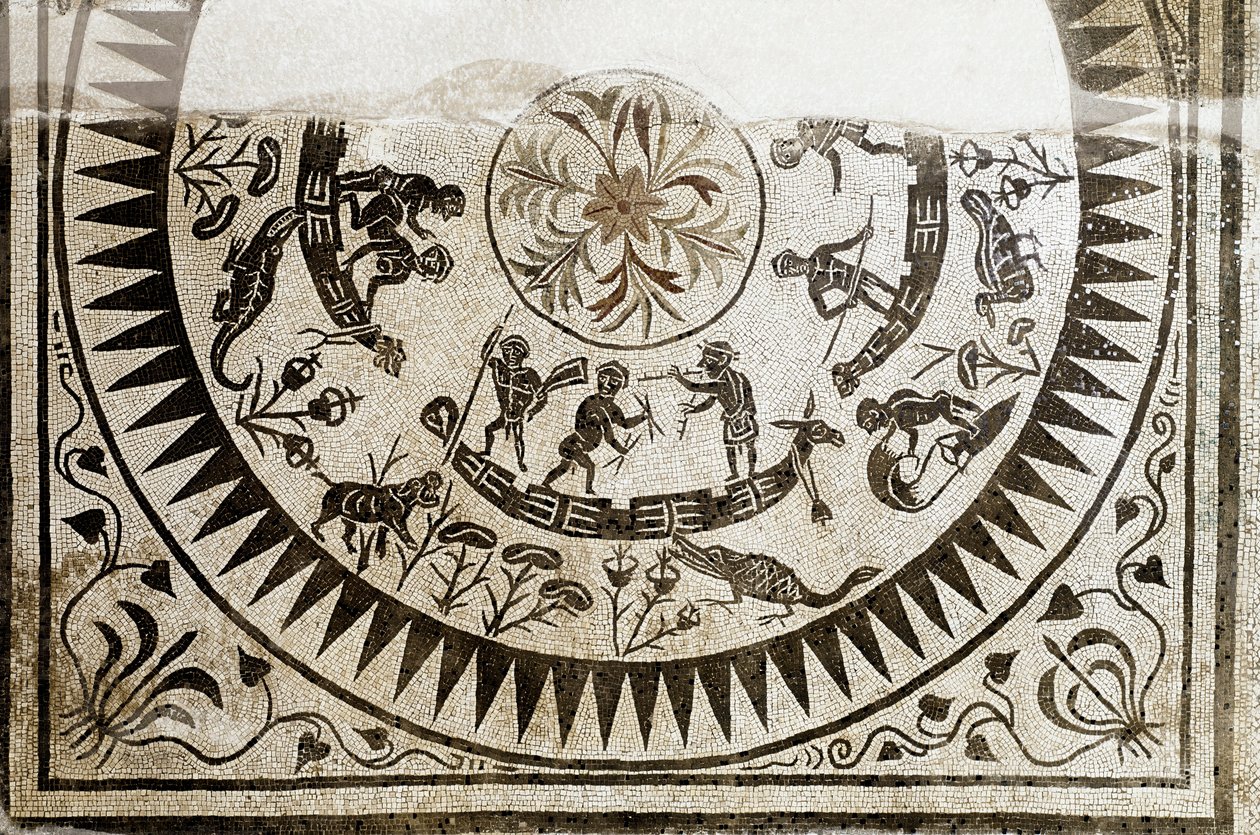 Art romain : chasse et pêche des pygmées. Mosaïque du 3ème siècle. Museo Nazionale Romano (ou delle Terme) Rome - Roman
