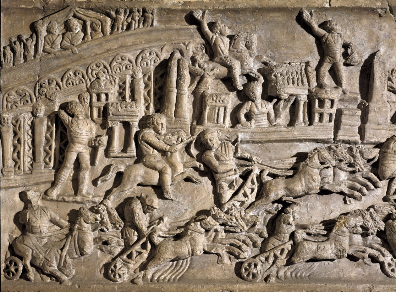 Art romain : bas-relief représentant des courses de chars au Circus Maximus à Rome. 2ème siècle après J.-C. Rome, Museo della Civilta Romana - Roman