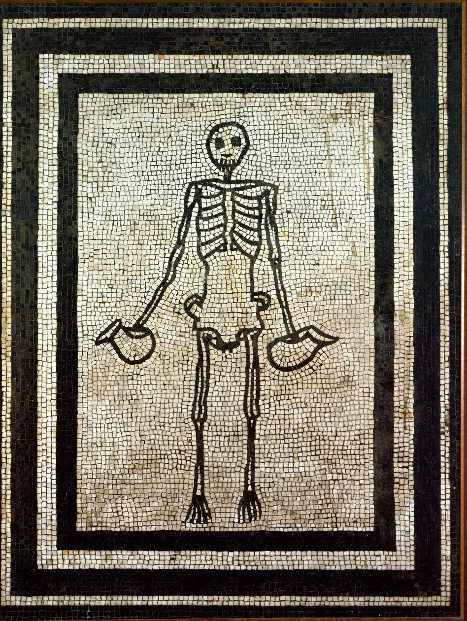 Art romain : squelette tenant deux cruches. Mosaïque du 1er siècle. Naples, musée national archéologique - Art romain : squelette tenant deux pichets. Mosaïque du 1er siècle de Pompéi. Musée archéologique national, Naples, Italie - Roman