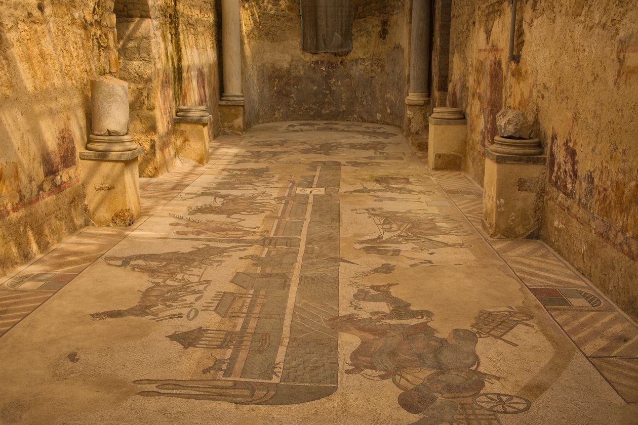 Salle à deux absides, mosaïque de sol, Villa Romana del Casale, Piazza Armerina, Sicile, Italie - Roman