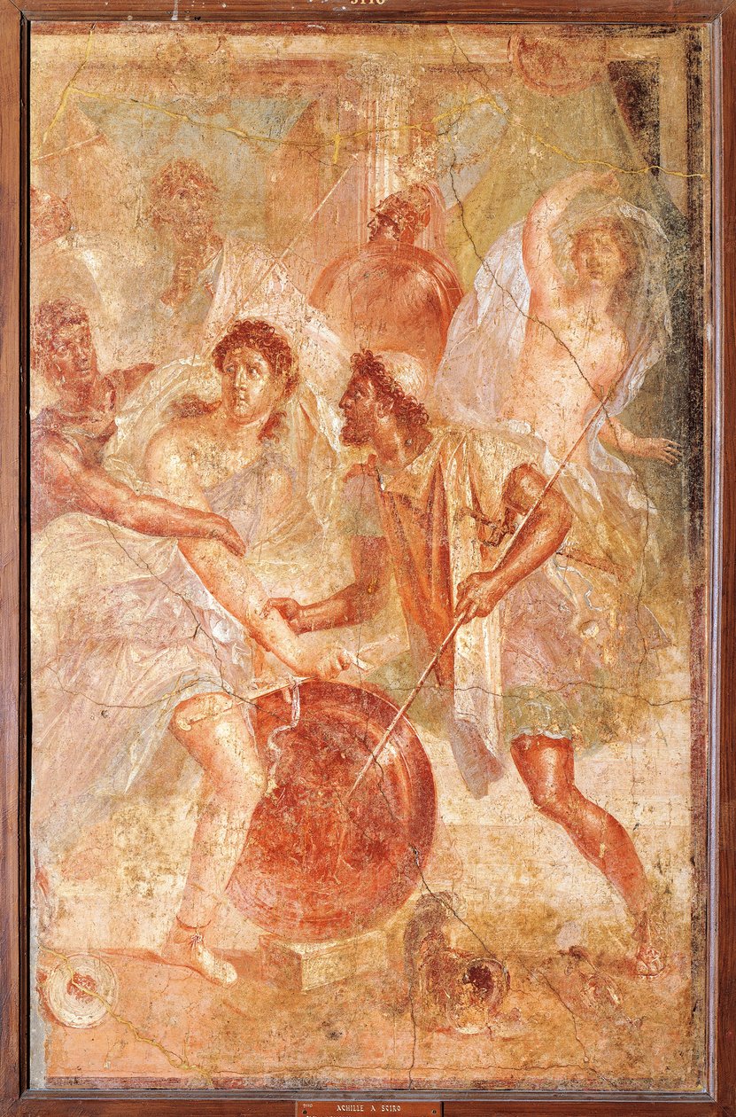 Ulysse et Diomède reconnaissant Achille déguisé en Pyrrha parmi les filles de Lycomède à Skyros, de Pompéi - Roman
