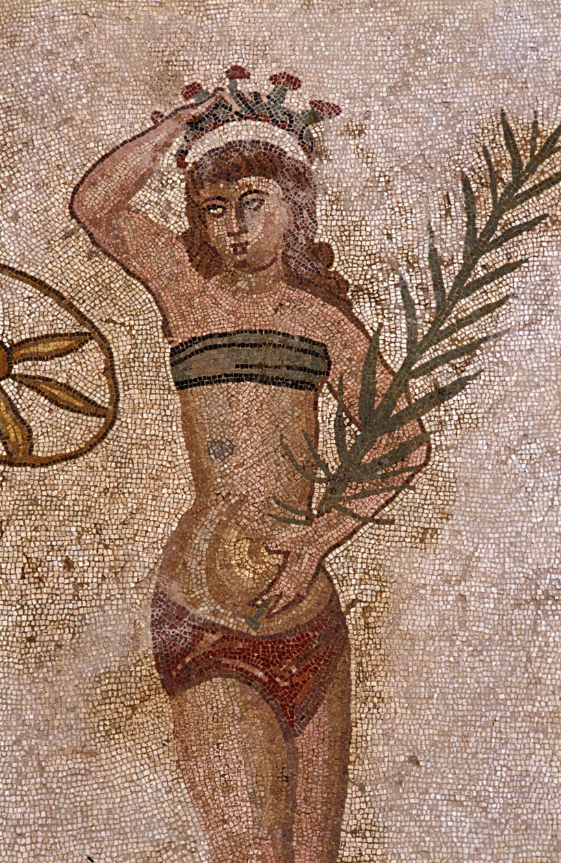 Jeunes Romains pratiquant des exercices physiques. Ils portent un pagne autour des reins et un strophium (ancêtre du soutien-gorge) sur la poitrine. La branche de palmier qu