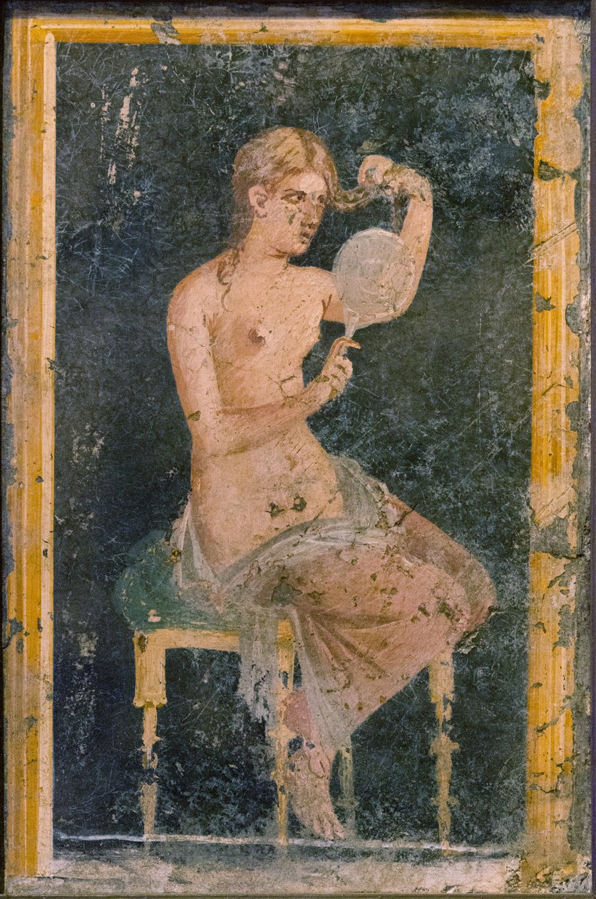 Femme avec un miroir, 1ère moitié du 1er siècle après J.-C. - Roman Pompeian wall painting.