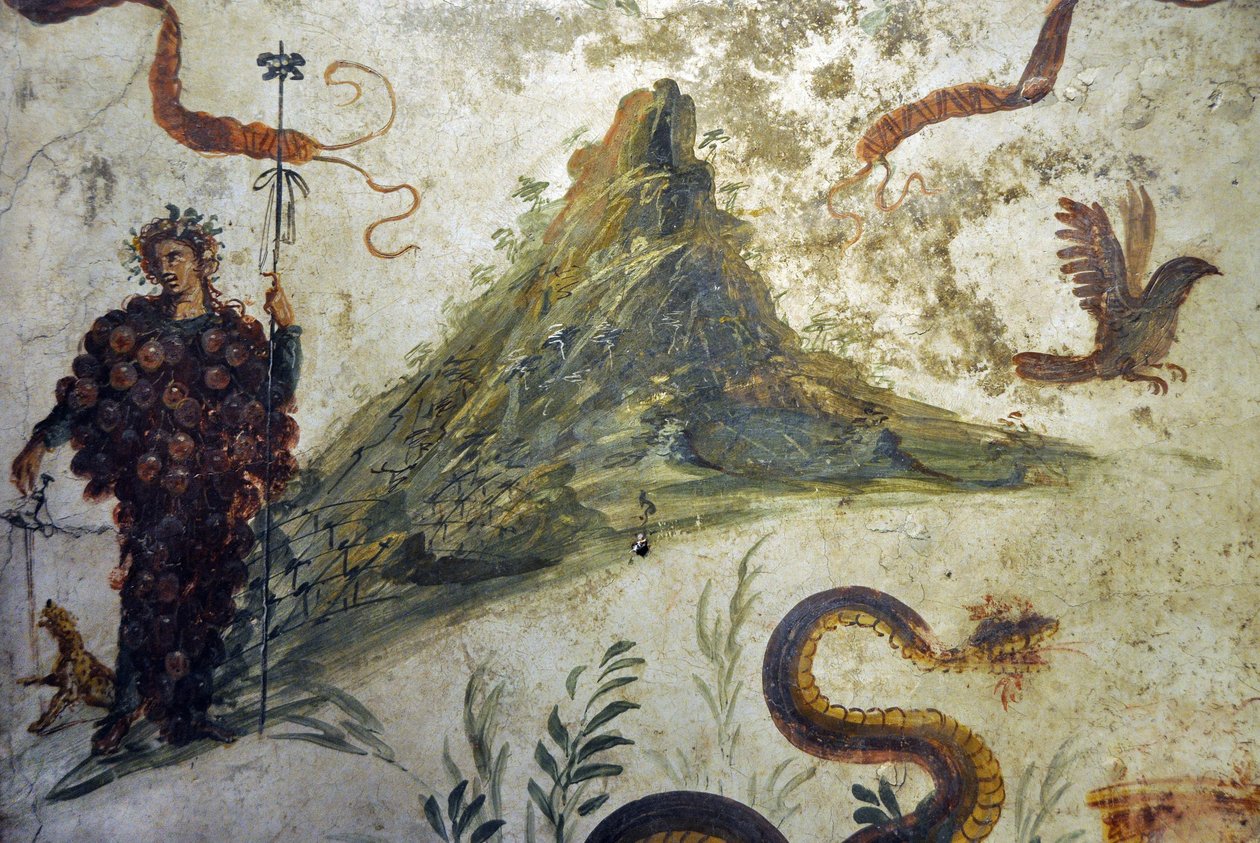Dionysos vêtu de grappes de raisin devant le mont Vésuve - Fresque de Pompéi, maison du centenaire - Naples, Musée archéologique national - Roman Roman