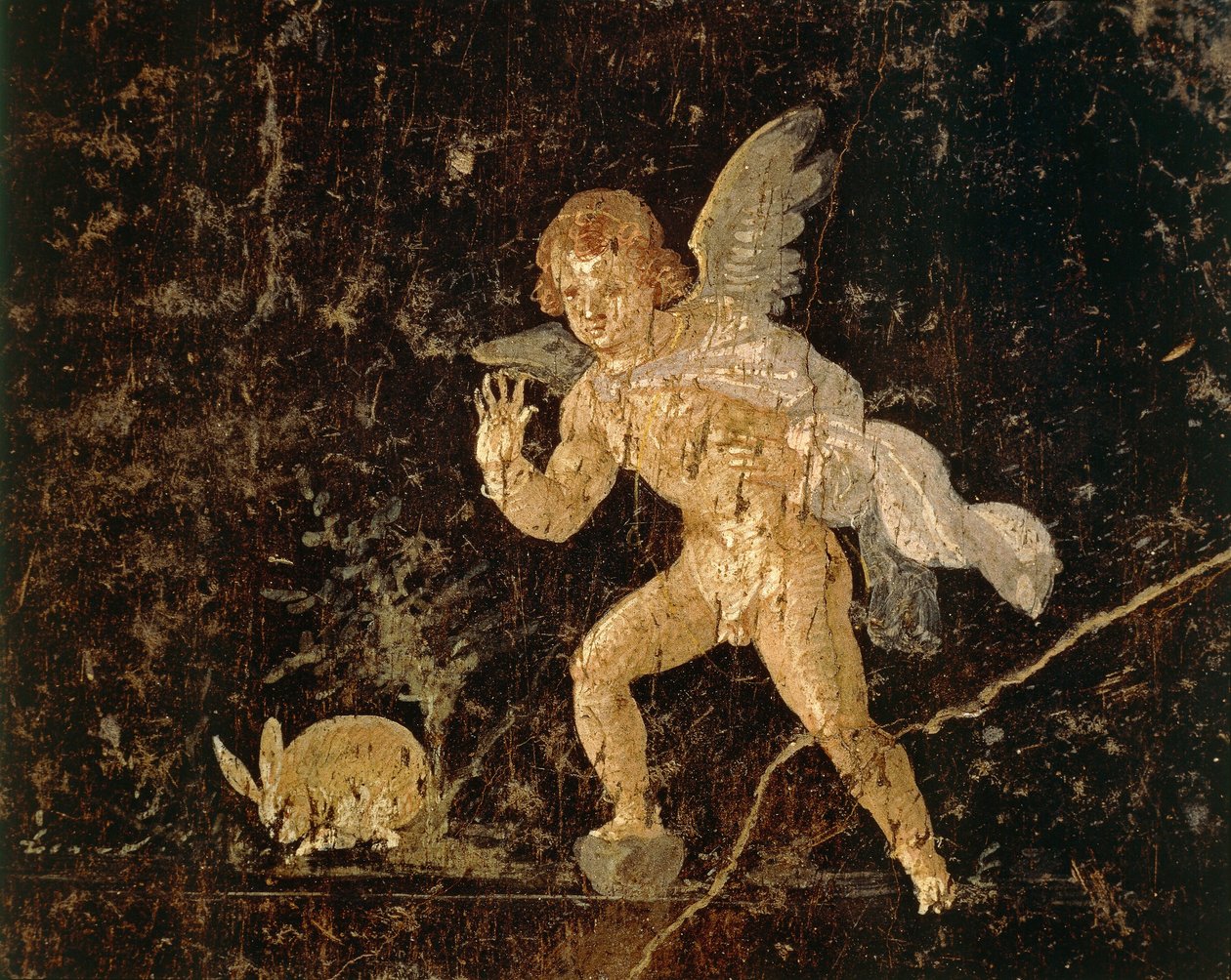 Fresque représentant Cupidon chassant un lièvre de Pompéi - Roman Roman
