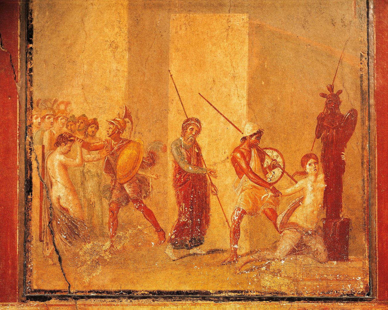 Fresque représentant la rencontre entre Priam, Ménélas et Hélène dans le palais royal, Pompéi, Campanie, civilisation romaine - Roman Roman