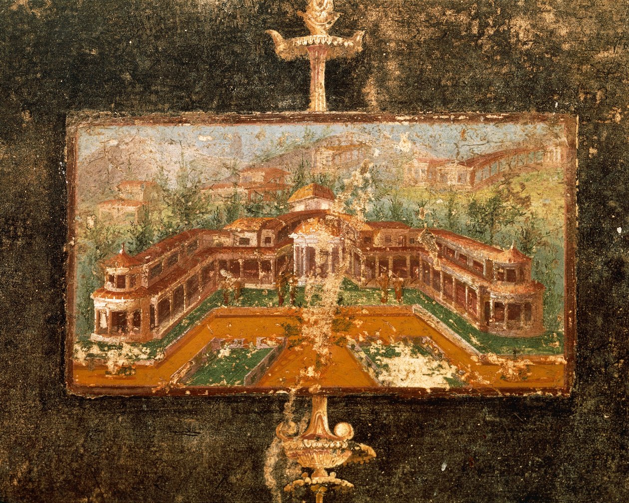 Paysage et architecture dans la peinture murale du tablinum, 3ème style pompéien, Maison de Marco Lucrezio Fronto, de Pompéi, Campanie, Italie - Roman Roman