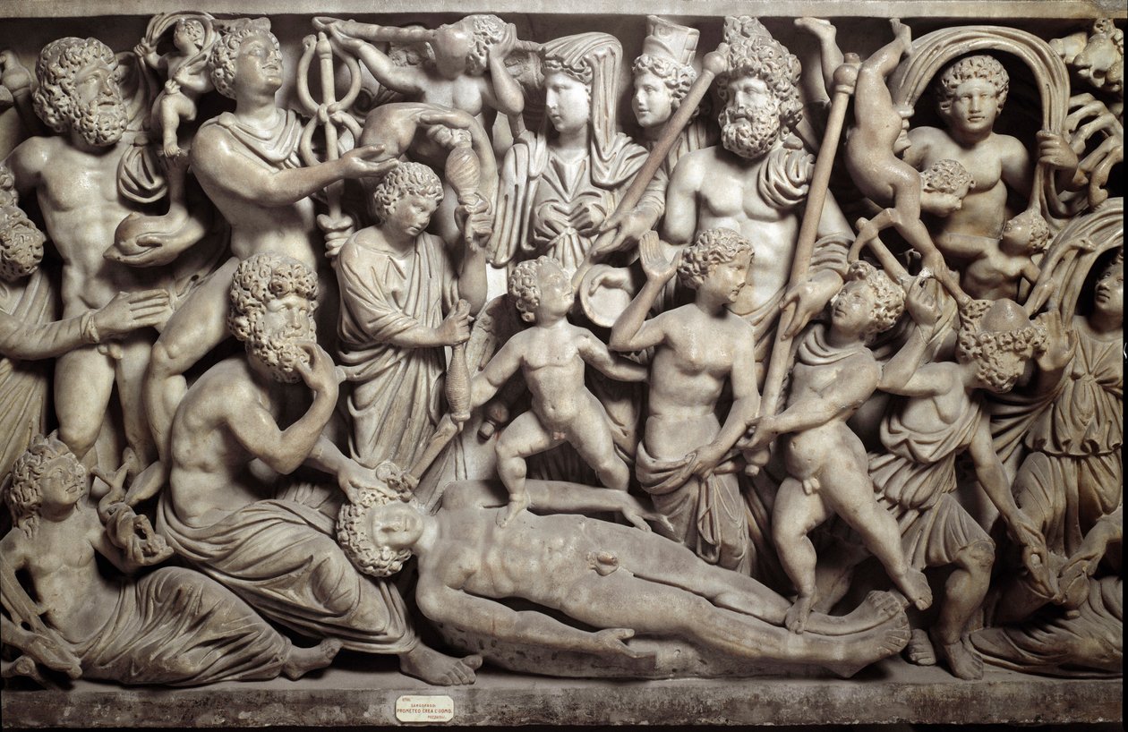 Prométhée créant le premier homme. Sarcophage avec représentation du mythe de Prométhée. Avec les personnages de la mythologie grecque et romaine : Prométhée, Psyché, petits amours, Hermès, dieu psychopompe, Parques, Poséidon - Roman Roman