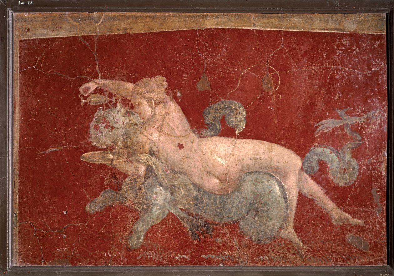 ART ROMAIN : Néréide sur une panthère de mer à qui elle tend un verre dans une coupe basse (fresque) - Roman Roman