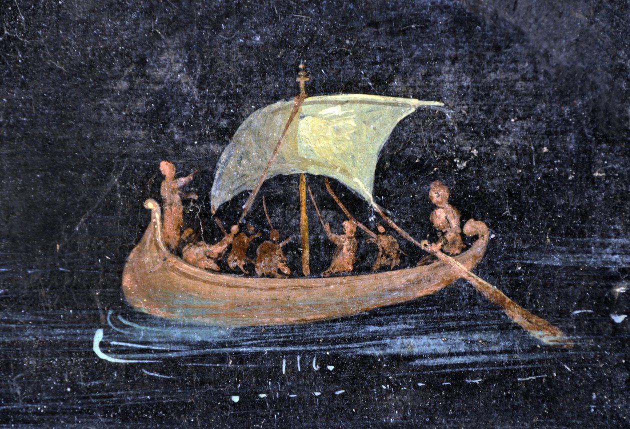 Art romain : scène de rivière - bateau et marins sur une rivière - fragment d