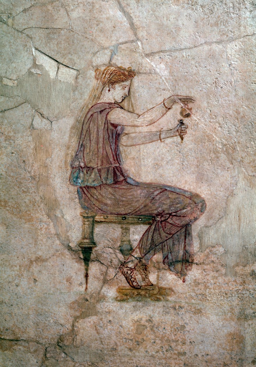 Art romain : femme assise versant du parfum dans un vase. Peinture murale, 25 après J.-C. De la Villa della Farnesina. Rome, Palazzo Massimo alle Terme, Museo Nazionale Romano - Roman Roman