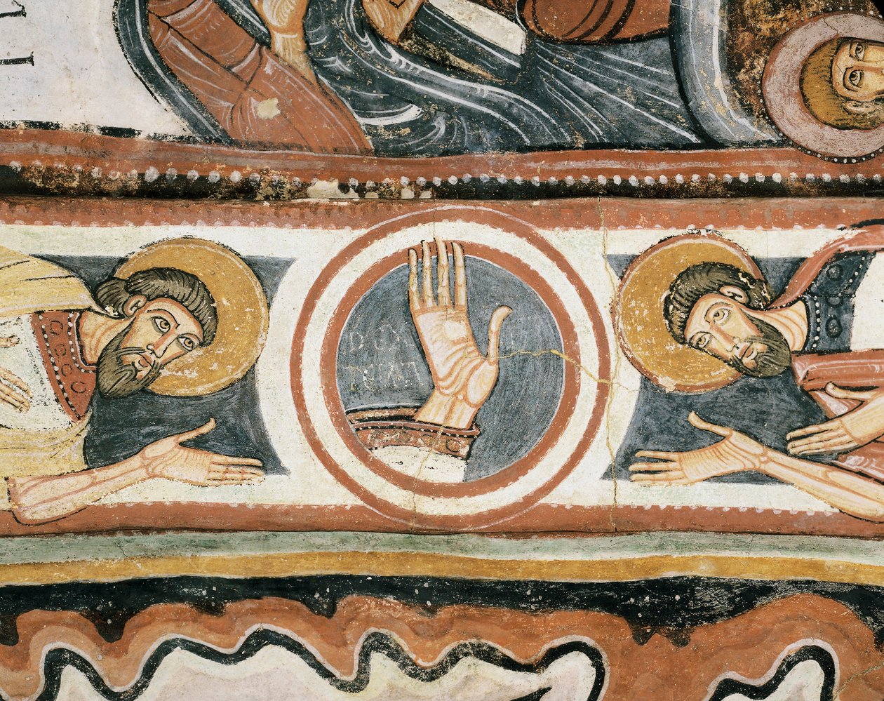 Art roman : La main droite de Dieu et les patriarches Élie et Hénoc (ou Enoch). Détail. Fresque de l