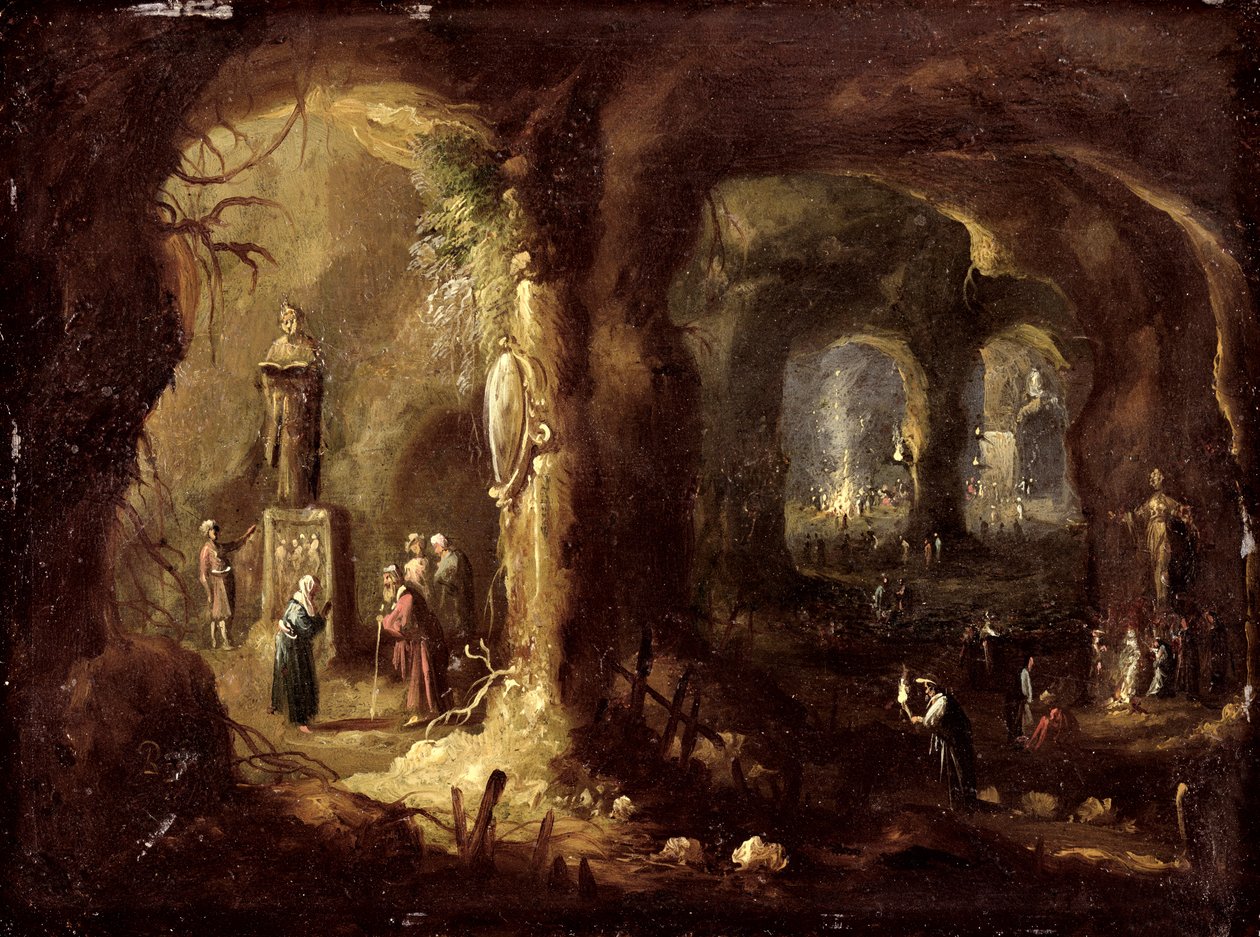 Grotte avec statues et nombreuses figures adorant des idoles (St Siméon Stylite), vers 1640 - Rombout van Troyen