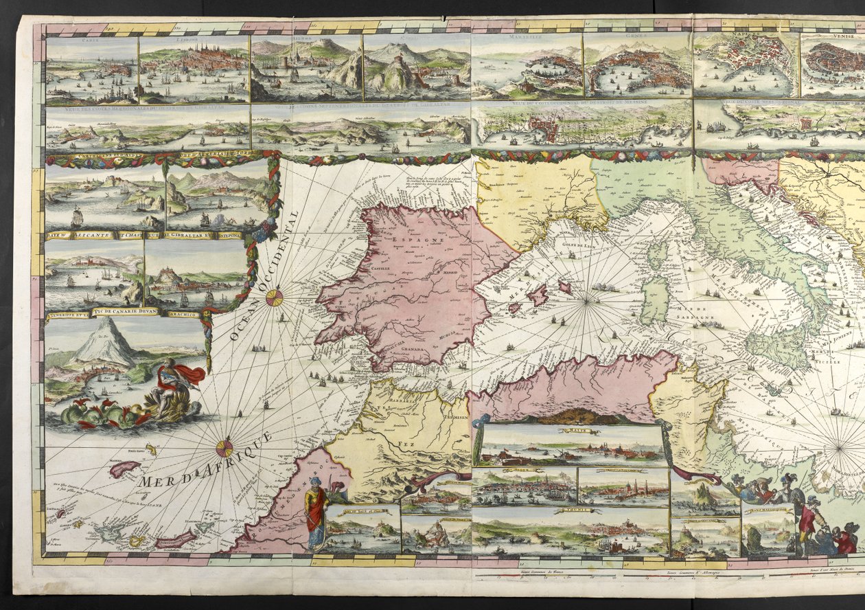 Carte de la Méditerranée avec des figures allégoriques et des monstres marins, de 