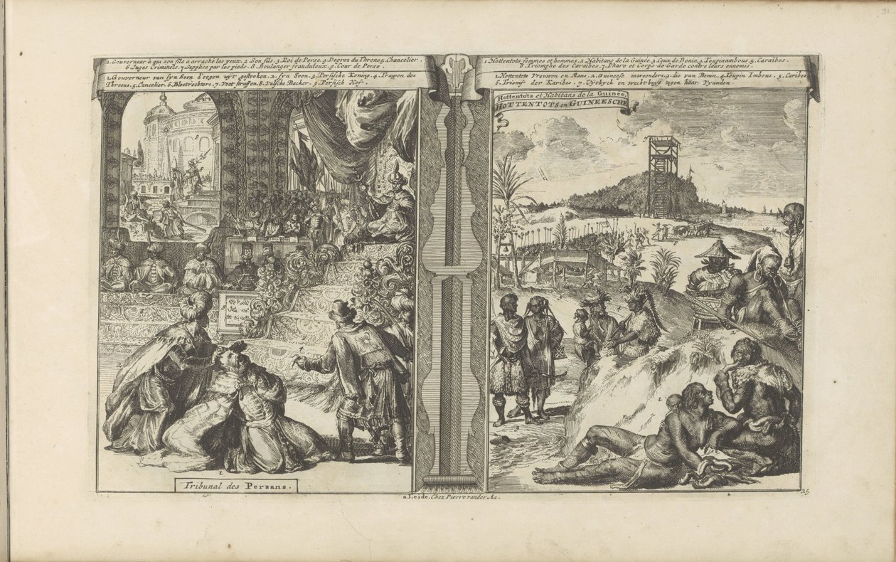 Tribunal en Perse; Khoikhoi et Guinéens (Les Indes Orientales et Occidentales et autres lieux) - Romeyn de Hooghe