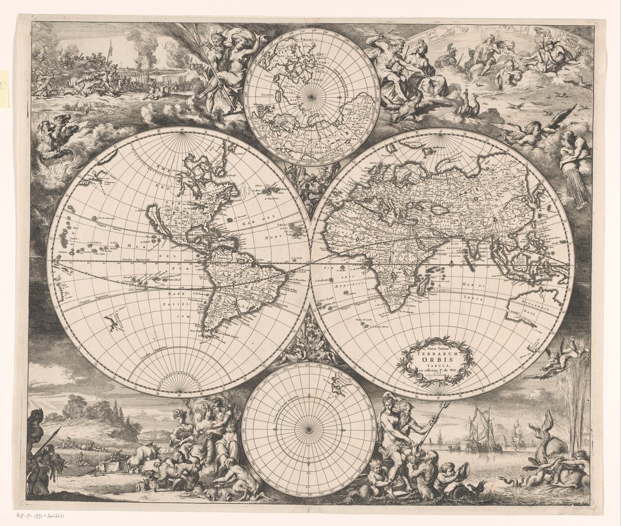 Carte du monde avec une allégorie sur les quatre éléments - Romeyn de Hooghe