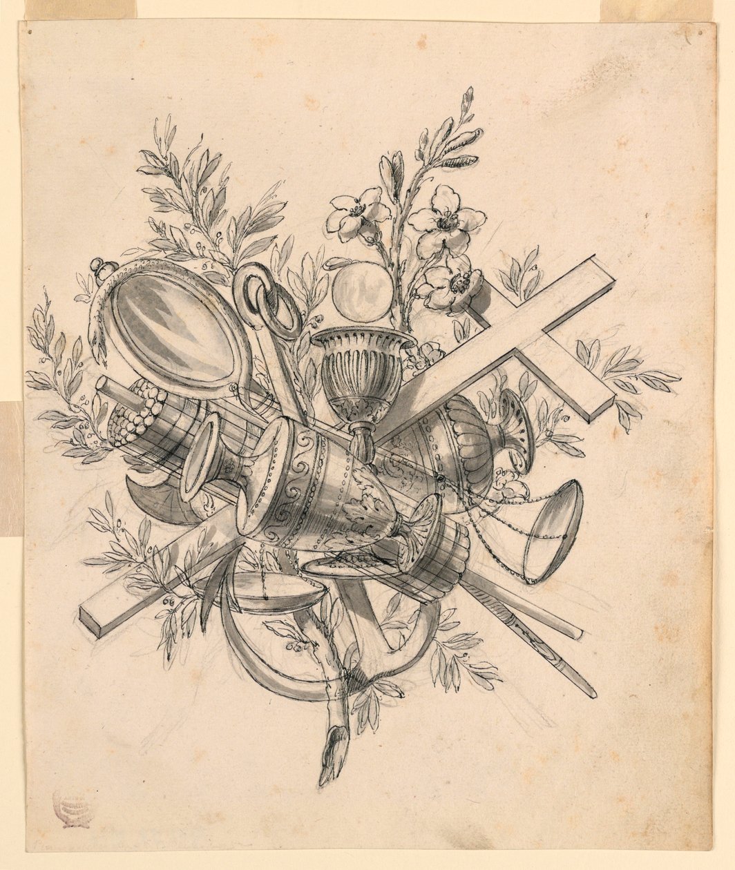 Dessin, trophée avec symboles des vertus, 1830-1850 - Romolo Achille Liverani