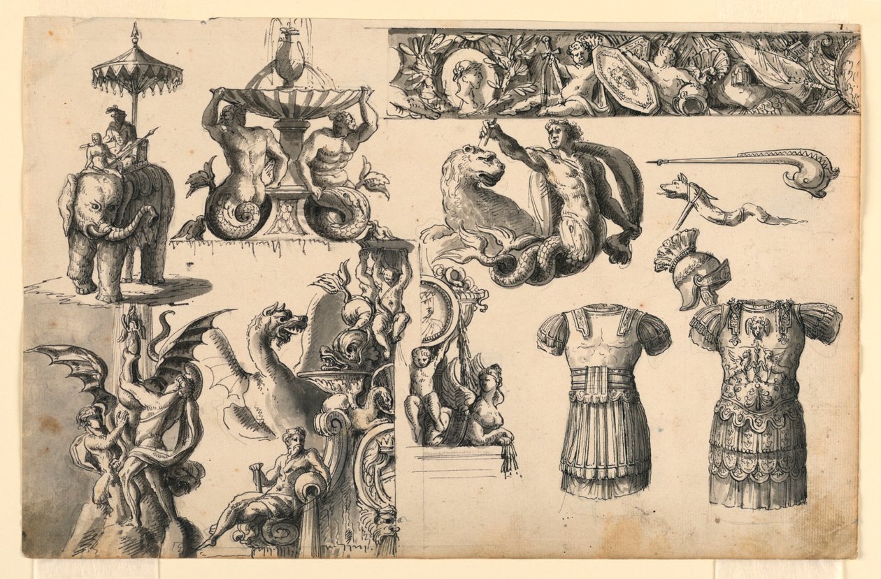 Motifs décoratifs, trois dessins pour fontaines - Romolo Achille Liverani