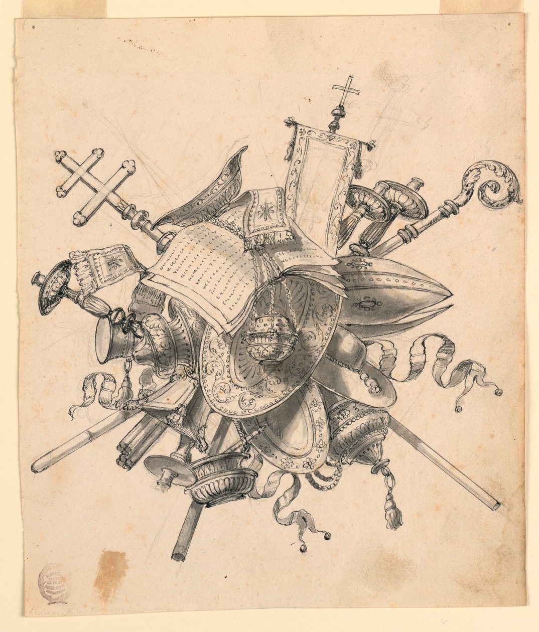 Dessin, trophée avec objets ecclésiastiques, 1830-1850 - Romolo Achille Liverani