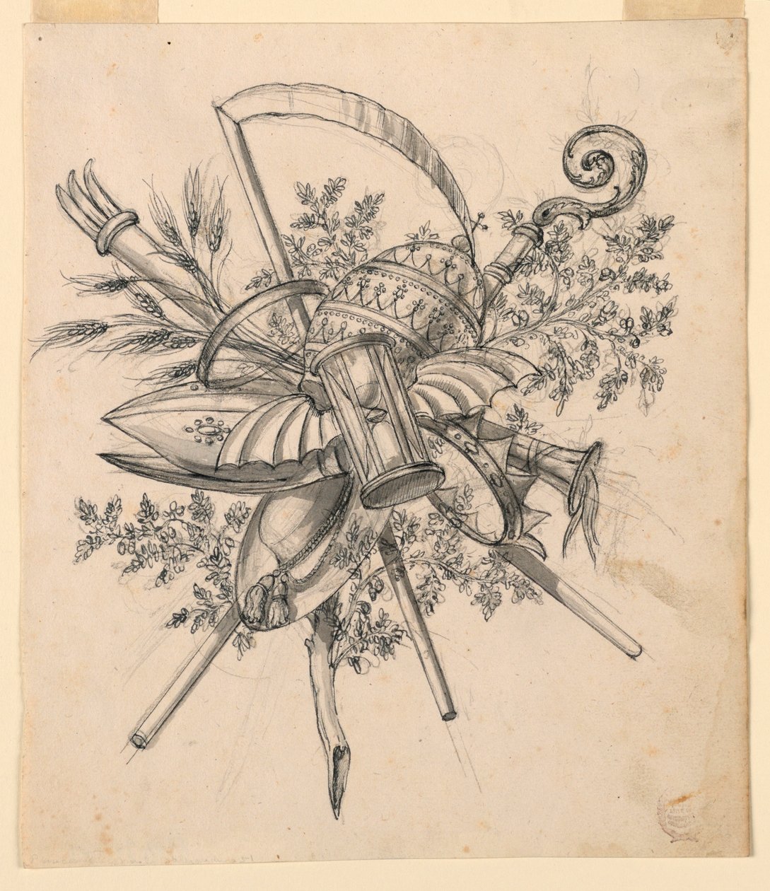 Dessin, trophée avec sablier ailé, 1830-1850 - Romolo Achille Liverani