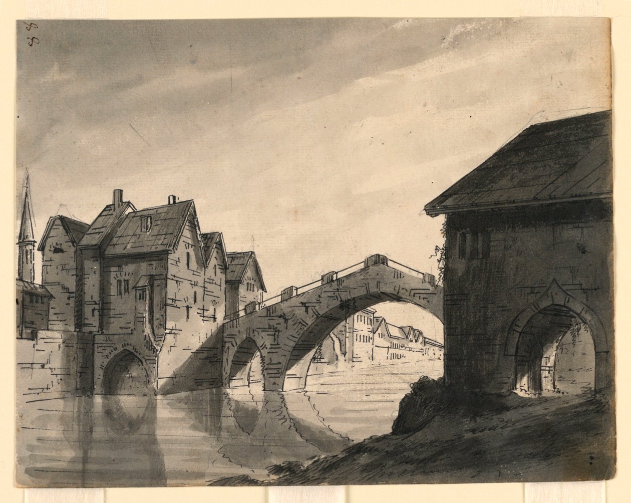 Décor de scène, pont sur une rivière dans une ville - Romolo Achille Liverani