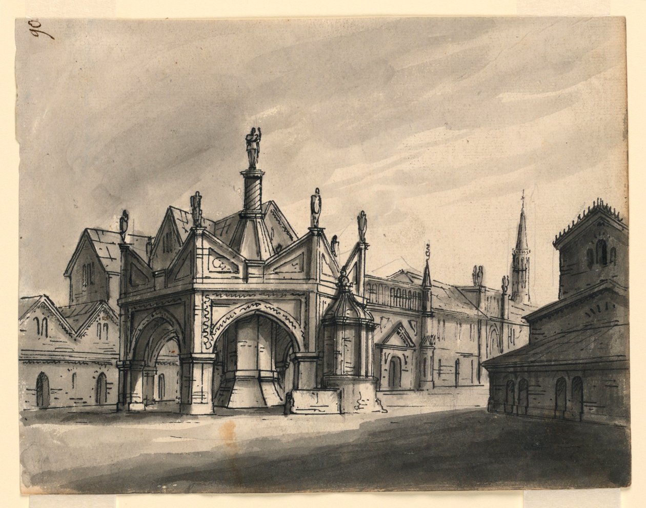 Décor de scène, extérieur de bâtiments gothiques - Romolo Achille Liverani