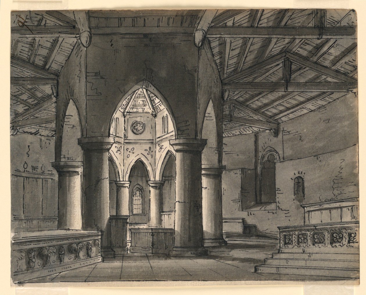 Décor de scène, Intérieur de chapelle gothique - Romolo Achille Liverani