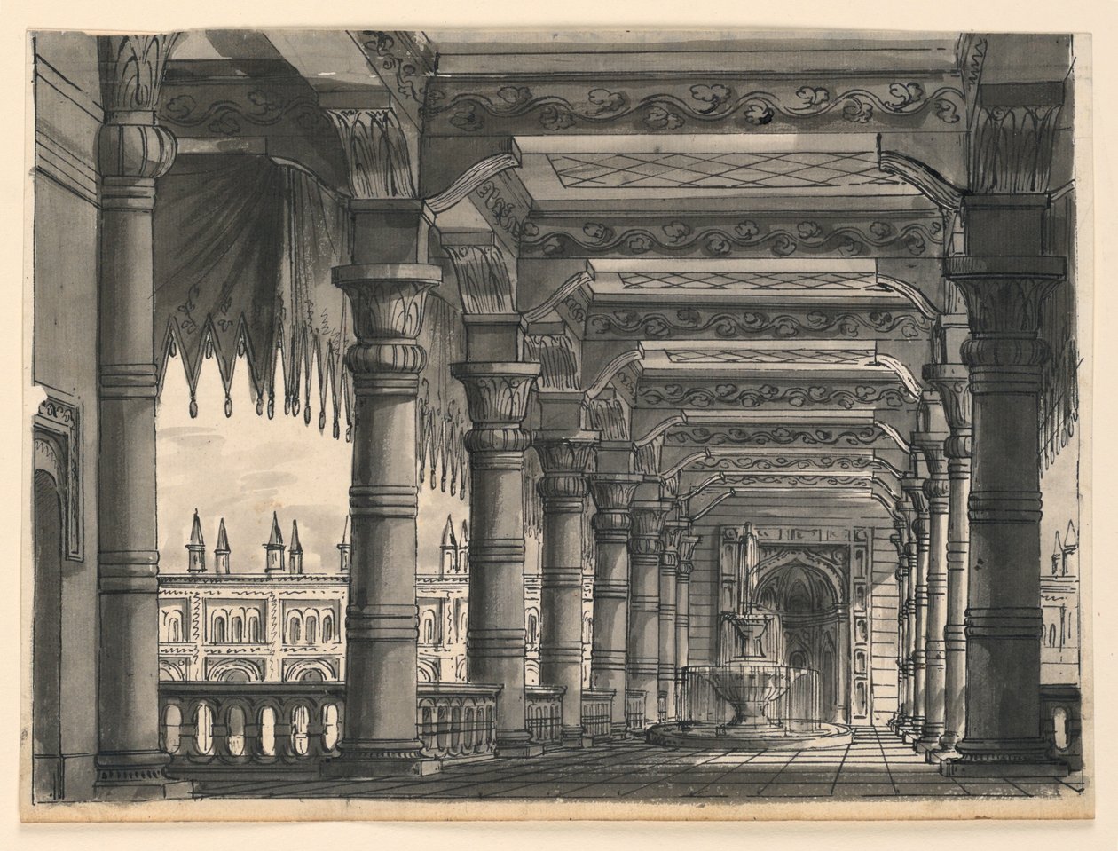 Décor de scène, loggia avec fontaine dans un palais oriental - Romolo Achille Liverani