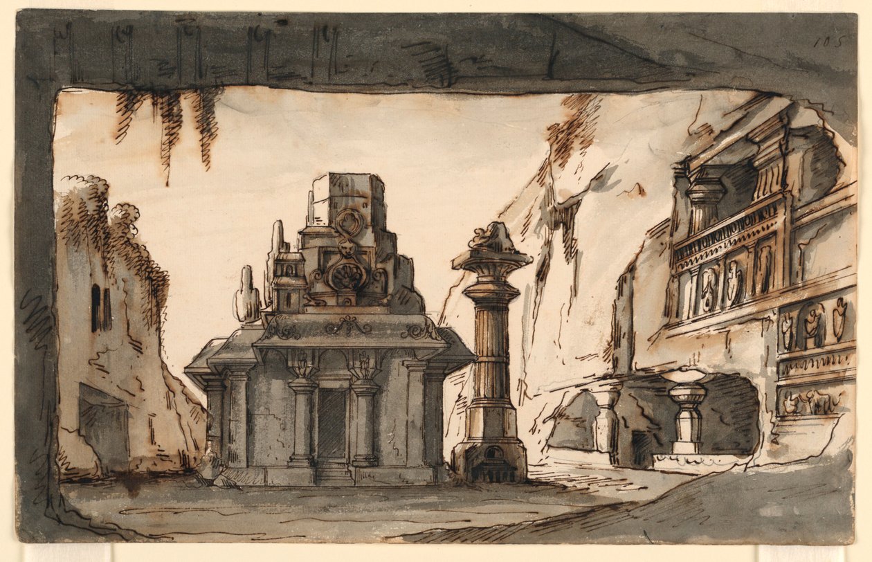 Décor de scène, bâtiments orientaux parmi des grottes et des rochers - Romolo Achille Liverani