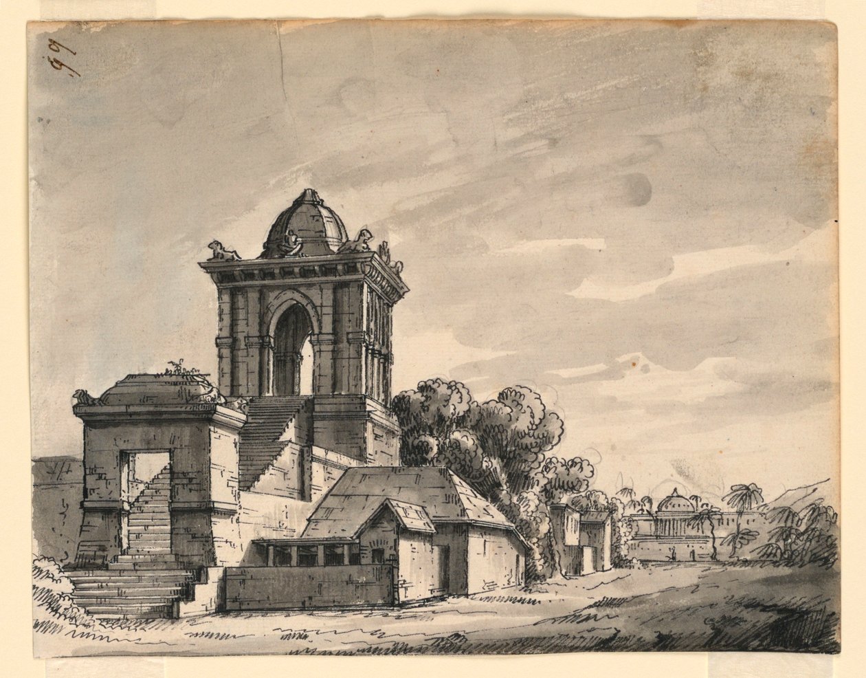 Décor de scène, pavillon et petits bâtiments - Romolo Achille Liverani