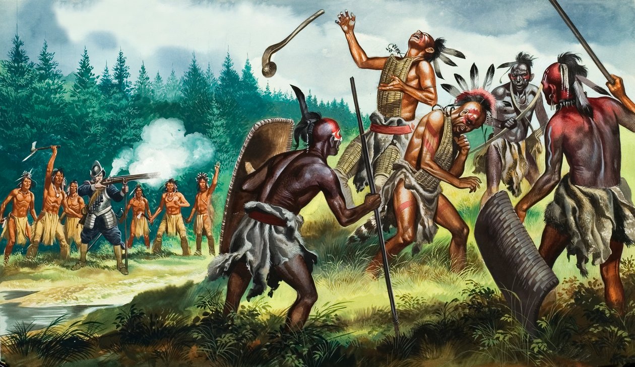 Colonies anglaises luttant contre la Confédération iroquoise, 20e siècle (gouache sur papier) - Ron Embleton