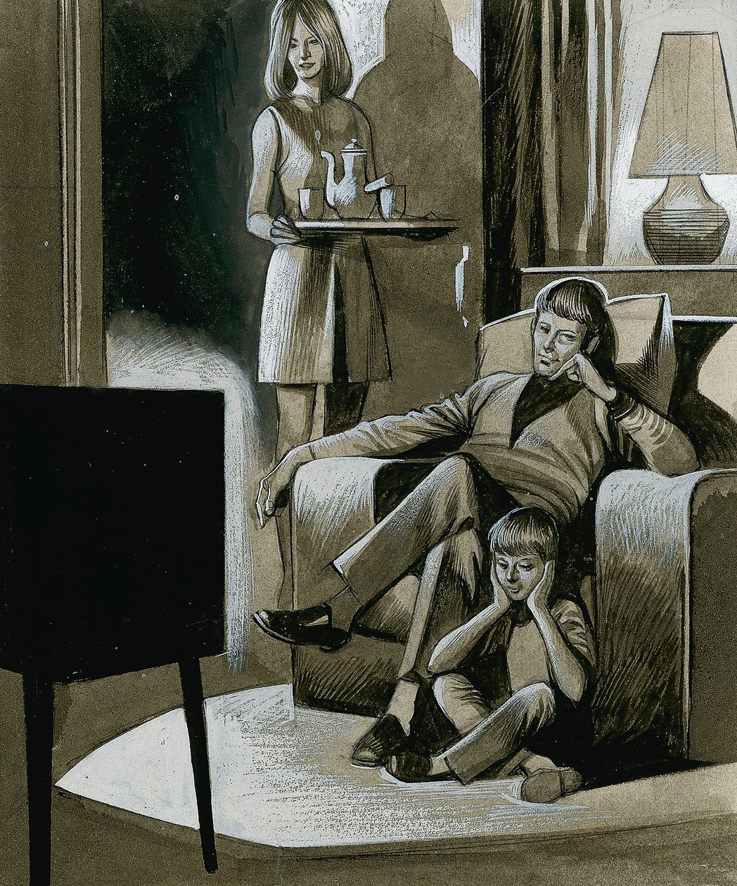 Famille regardant la télévision en noir et blanc dans les années 1960 - Ron Embleton