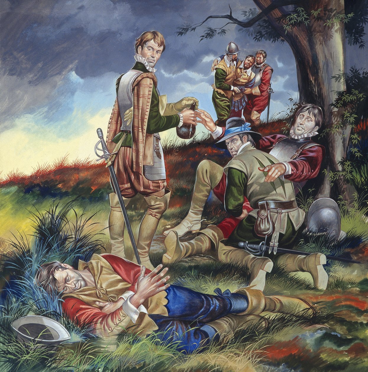 Sir Philip Sidney (1554-86) à la bataille de Zutphen (gouache sur papier) - Ron Embleton