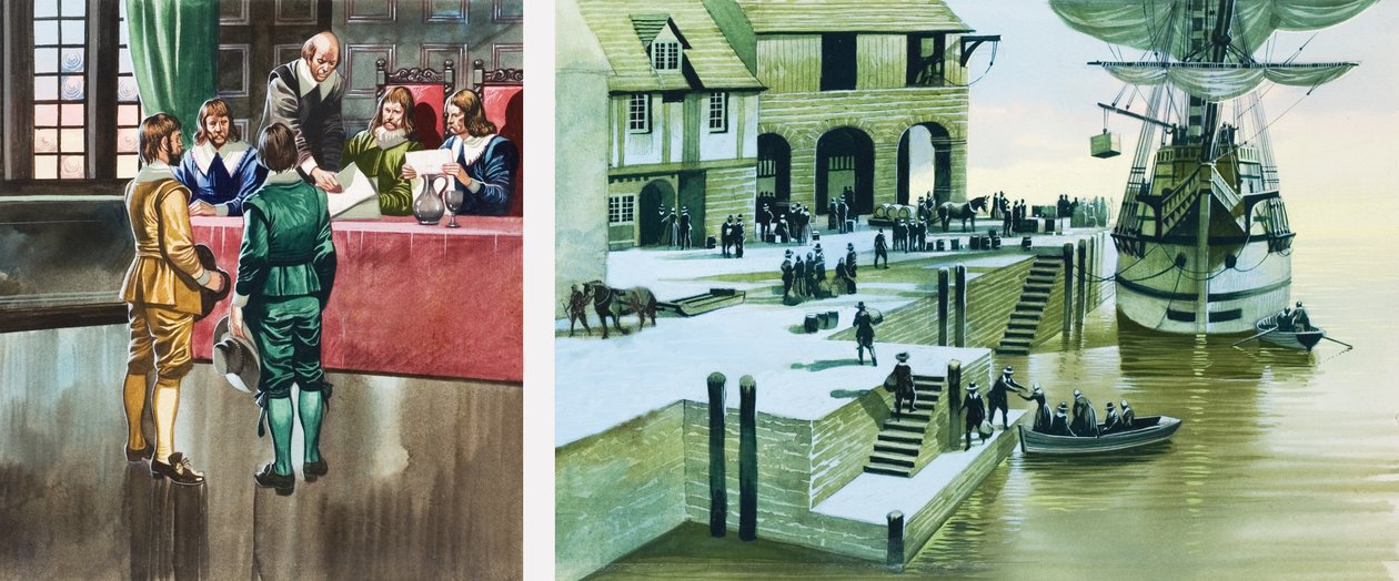 Les Pères pèlerins aux docks de Southampton - Ron Embleton