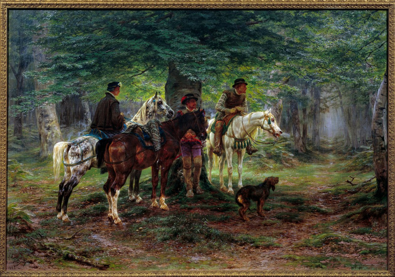 Cavaliers surpris par une pluie (17ème siècle). Dans une forêt, des hommes à cheval s