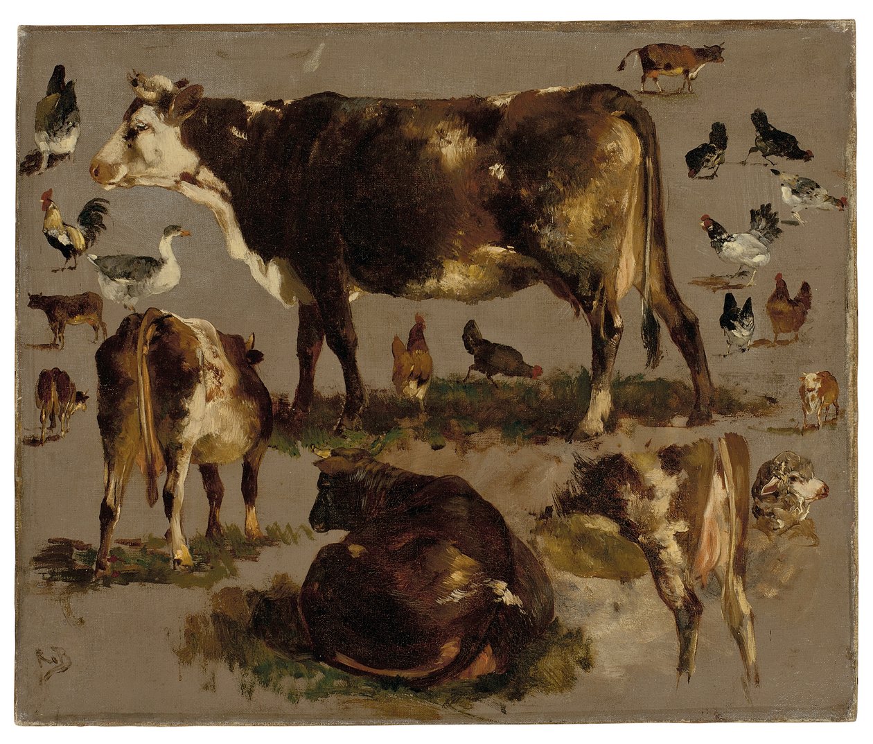 Études de vaches, poules, coqs, une oie et un mouton - Rosa Bonheur