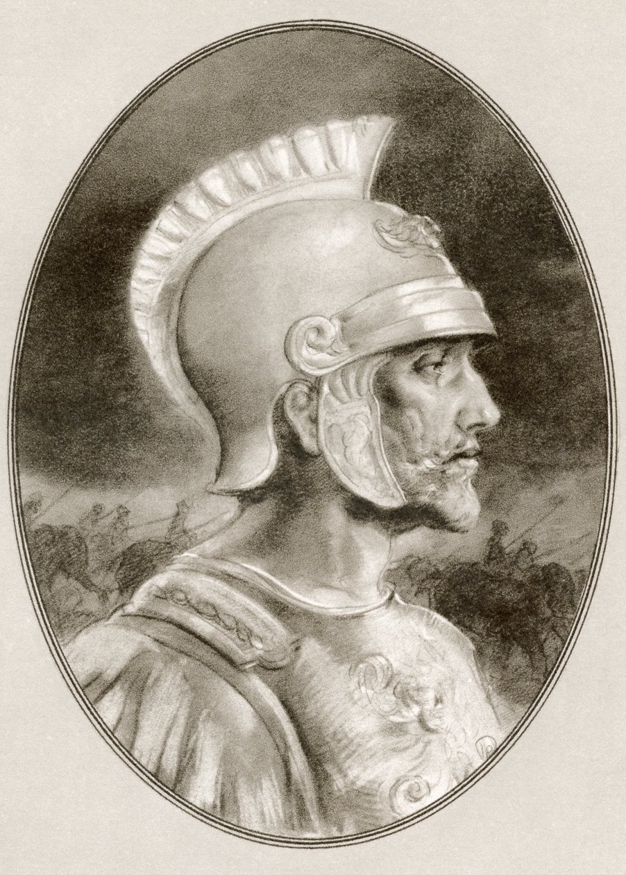Ashoka, mort en 232 av. J.-C., alias Ashoka le Grand. Empereur indien de la dynastie Maurya. Illustration de Gordon Ross, artiste et illustrateur américain (1873-1946), de Living Biographies of Famous Rulers - Ross Gordon