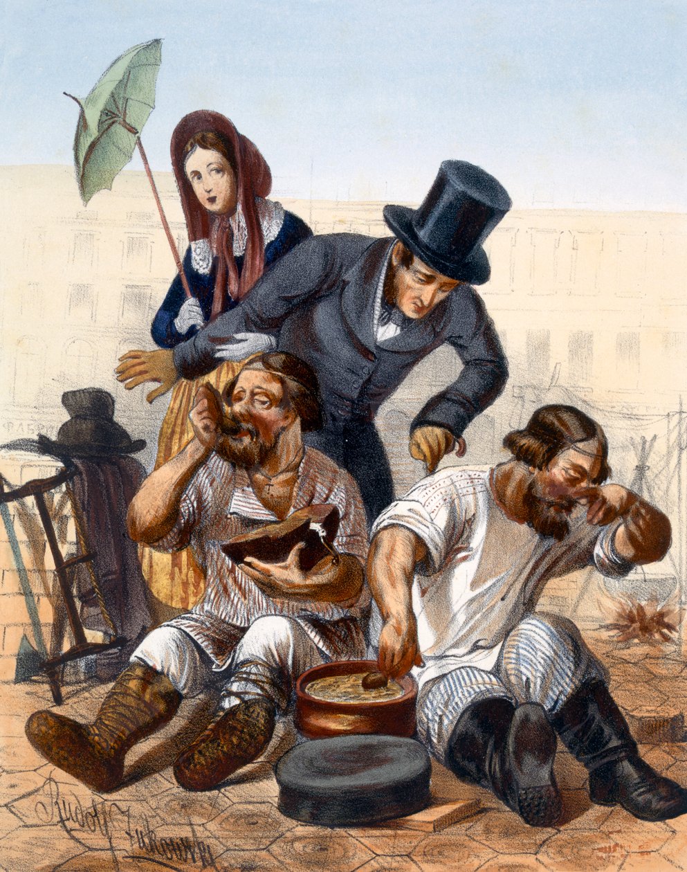 Couple riche parlant à une paire de charpentiers ivres cuisinant et mangeant dans la rue, 1843 - Rudolf Jukowsky
