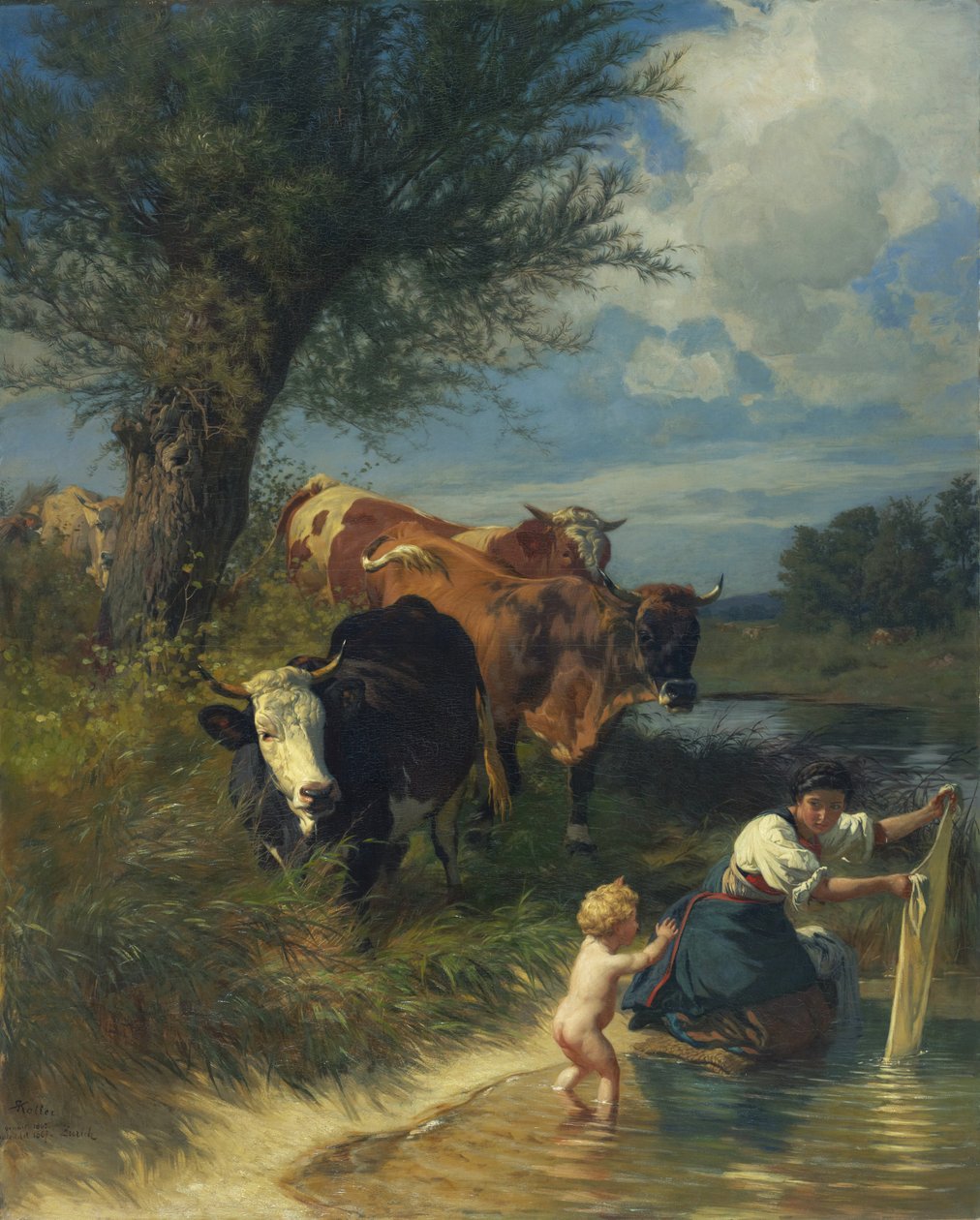 Vaches et blanchisseuse au ruisseau - Rudolf Koller