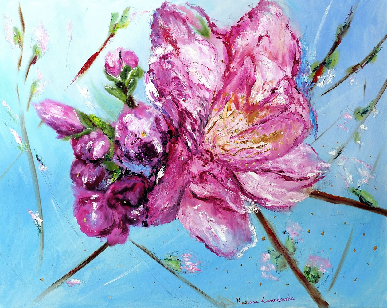 Fleurs de cerisier roses, avec ornement doré - Ruslana Levandovska