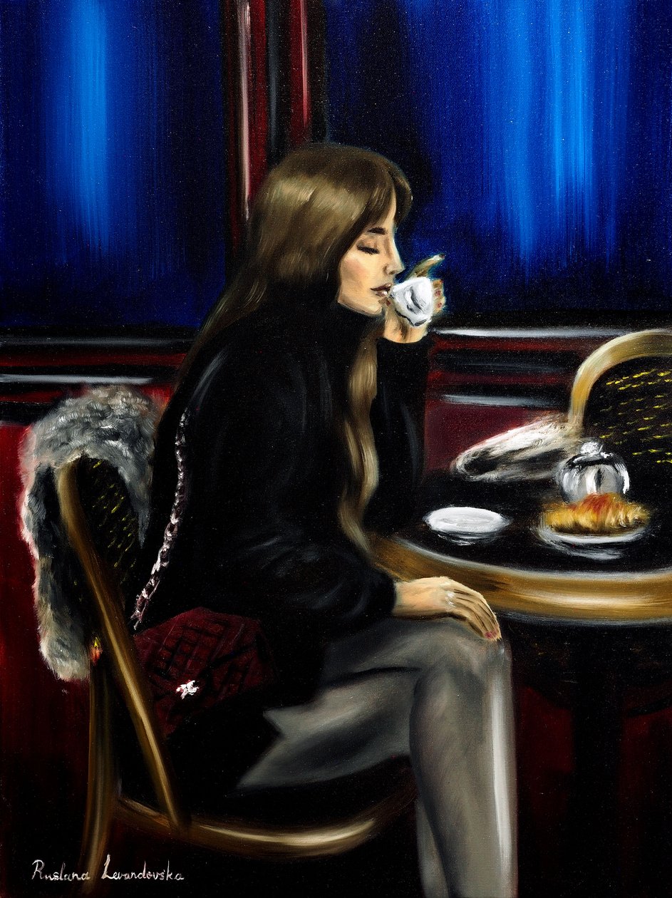 Femme au café de Paris II, 2024 (huile sur toile) - Ruslana Levandovska