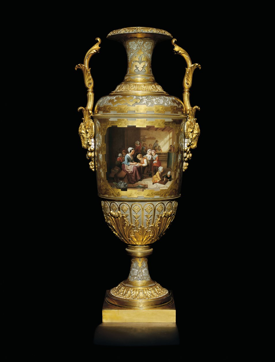 Vase à deux anses en porcelaine et feuille d