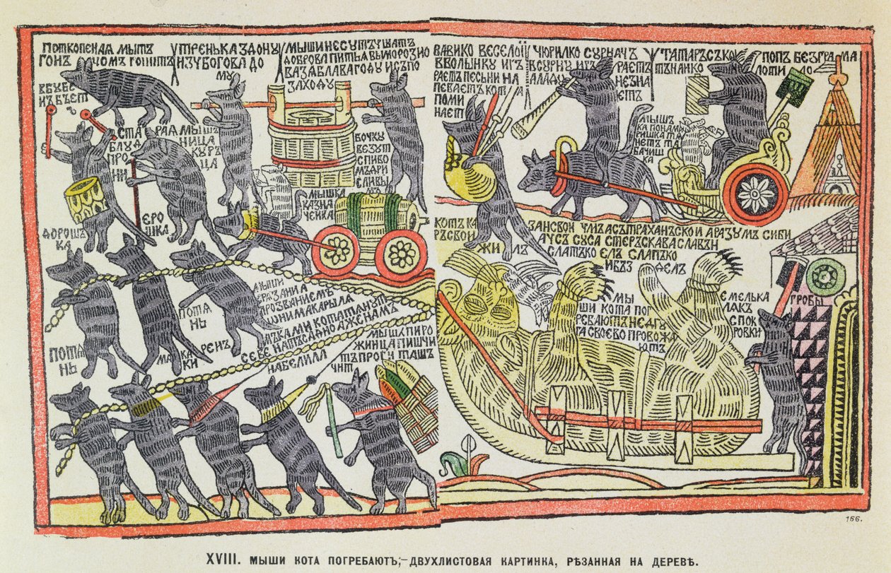 Procession funéraire de souris pour un chat mort, caricature sur l