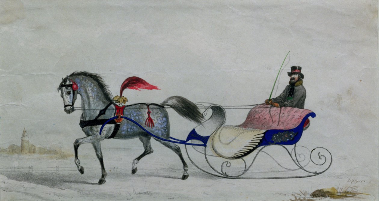 Traîneau tiré par des chevaux (détail numérique) - Russian School