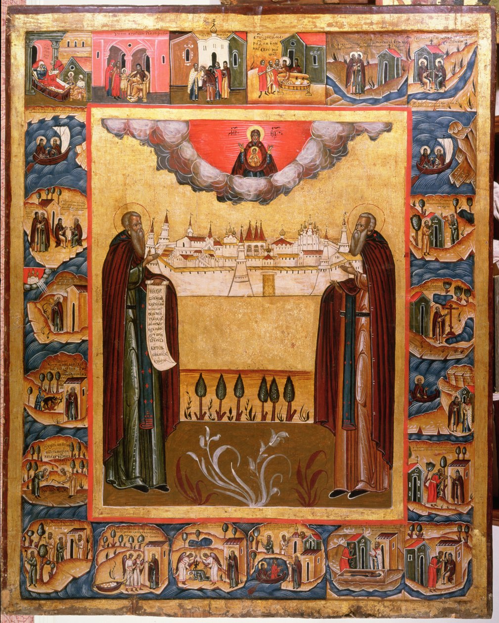 Saints Zosime et Sabbatheus de Solovetsk avec des scènes de leur vie, XVIIIe siècle - Russian School