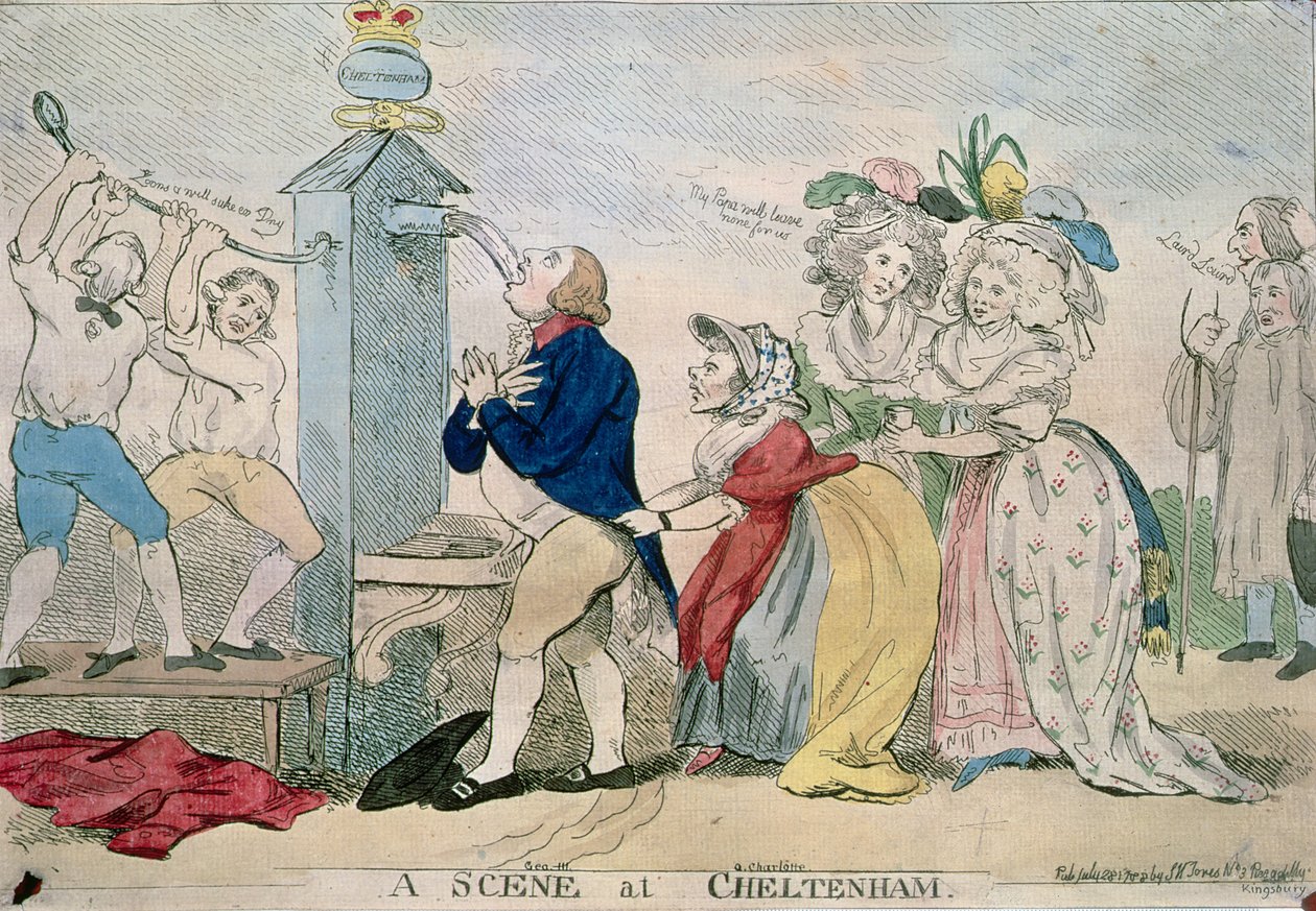 Une scène à Cheltenham. Caricature satirique, pub. 1788 - S.W. Fores