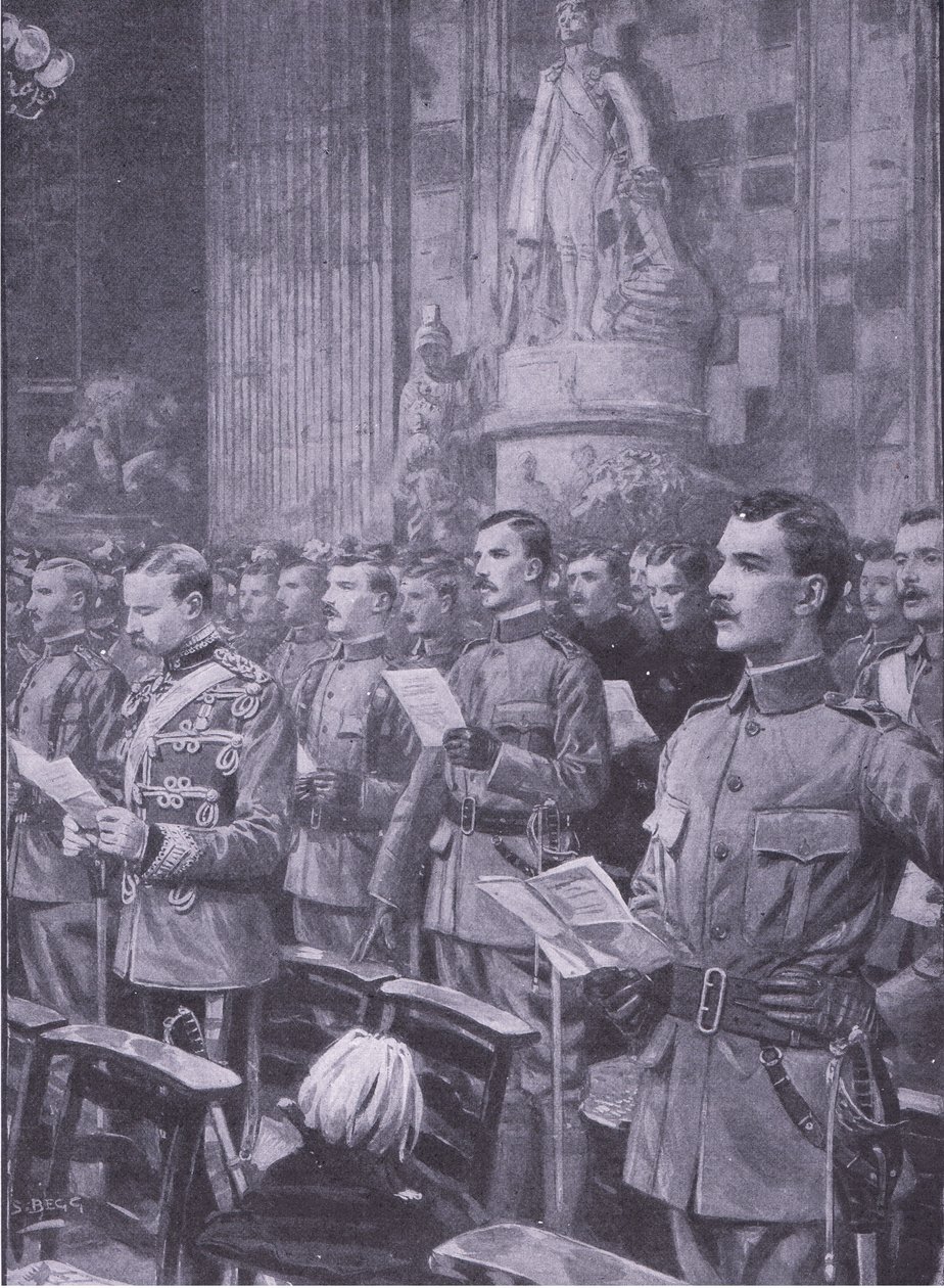 Volontaires impériaux de la ville à St Pauls, illustration de Après Pretoria : La guerre de guérilla, 1902 - S. Begg